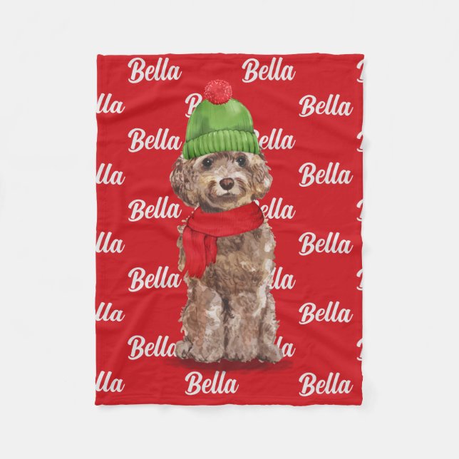 Jul Brown Cockapoo Santa Hund's Namn Fleecefilt (Framsidan)