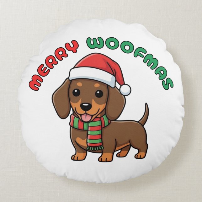 Jul Brown Dachshund: Merry Woofmas Rund Kudde (Framsidan)