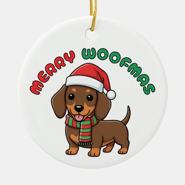 Jul Brown Dachshund Ornament: Merry Woofmas Julgransprydnad Keramik (Framsidan)