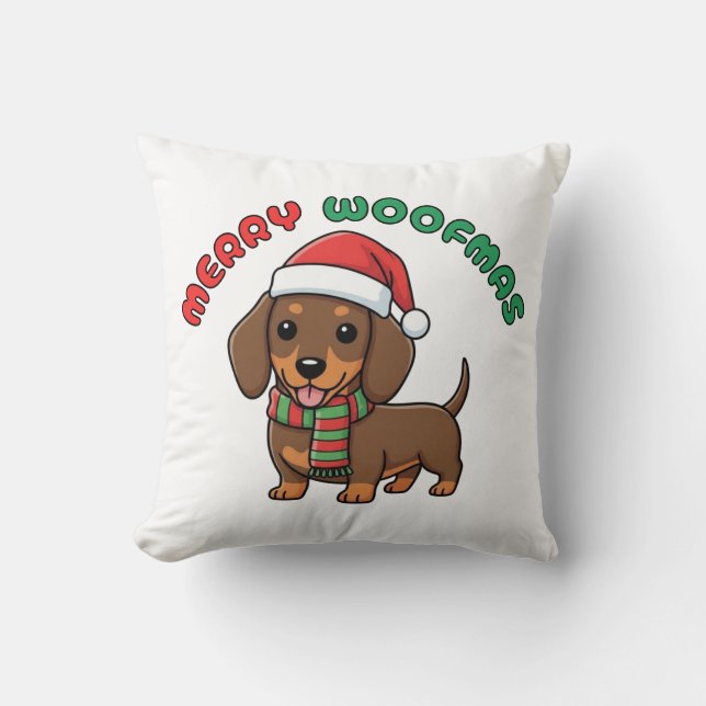 Jul Brown Dachshund Pillow: Merry Woofmas Kudde (Framsida)