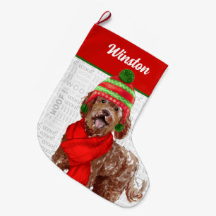 Jul Brown Labradoodle med Hund Namn Stor Julstrumpa