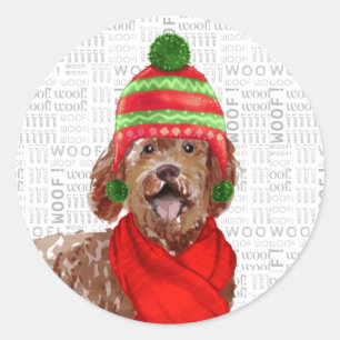 Jul Brown Labradoodle och Woof Art Hund älskare Runt Klistermärke