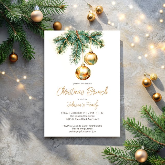 Jul brunch guld baubles gräs inbjudningar (Christmas brunch party invitation cards gold baubles pines simple modern Christmas invitation)
