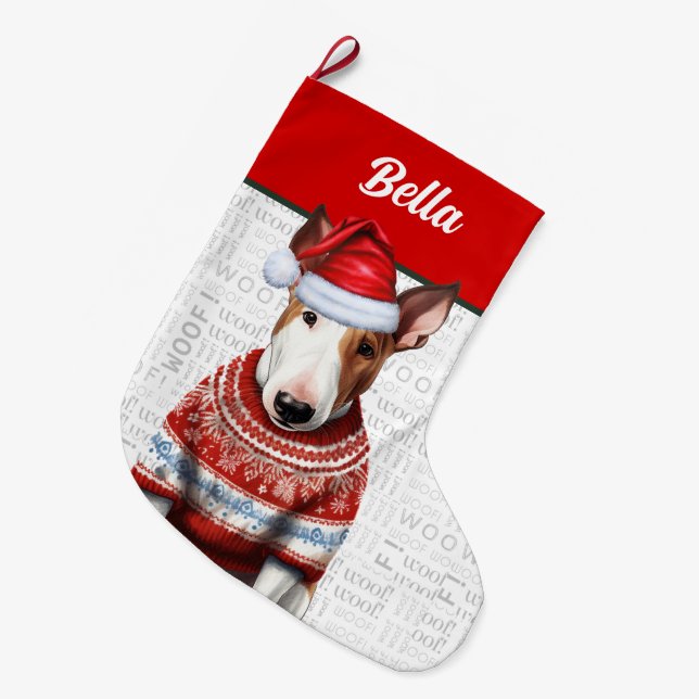 Jul Bull Terrier med Namn Woof Background Stor Julstrumpa (Framsidan (Hängande))