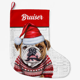 Jul Bulldog med Namn Woof Background Stor Julstrumpa
