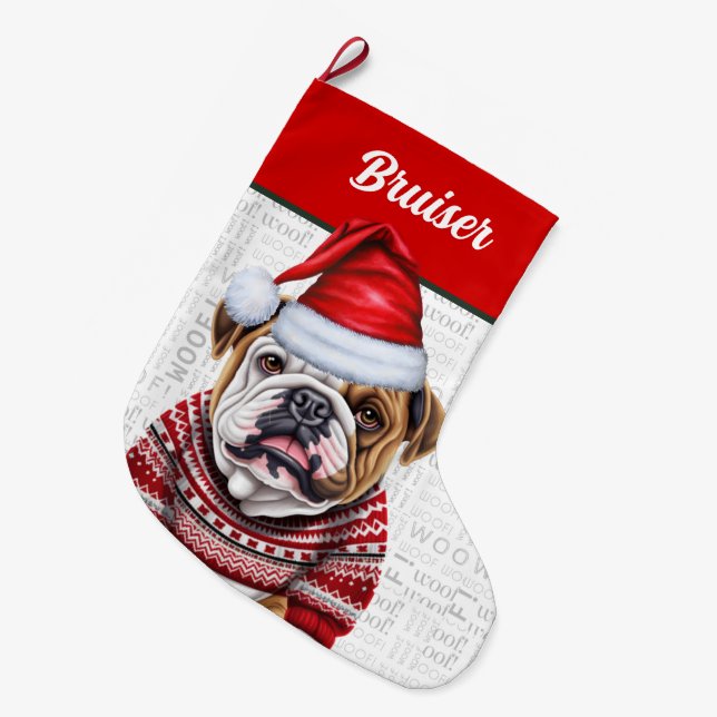 Jul Bulldog med Namn Woof Background Stor Julstrumpa (Framsidan (Hängande))