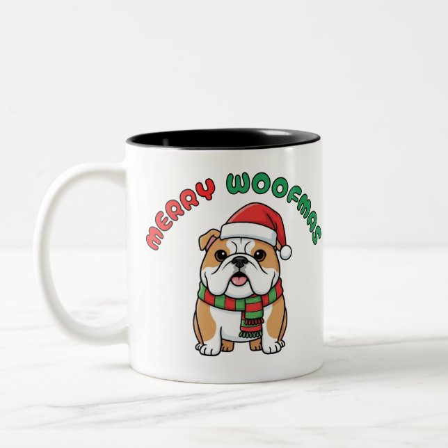 Jul Bulldog Mugg: Merry Woofmas Två-Tonad Mugg (Vänster)
