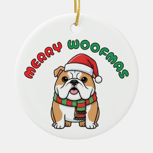 Jul Bulldog Ornament: Merry Woofmas Julgransprydnad Keramik (Framsidan)