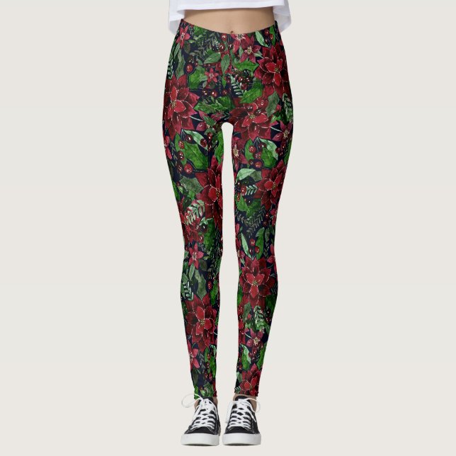 Jul Burgundy Poinsettia Flowers Vattenfärg Leggings (Framsida)