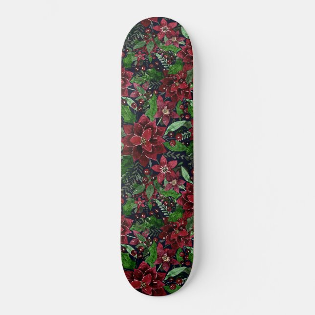 Jul Burgundy Poinsettia Flowers Vattenfärg Mini Skateboard Bräda 18,5 Cm (Framsida)