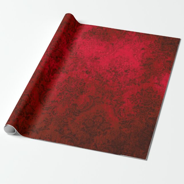 Jul Burgundy Red Grunge Damask Presentpapper (Utrullad)