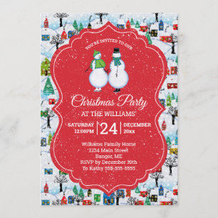 Jul-byn Party Snögubbar par Skatt röd Inbjudningar