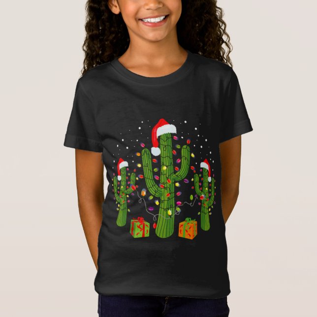Jul Cactus Wearing Santa Hats och Ljus T Shirt (Framsida)