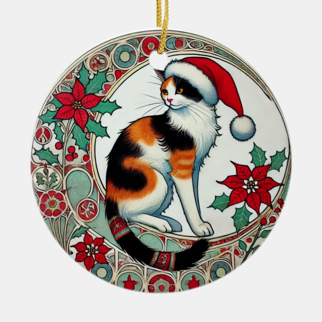 Jul Calico Cat Santa Julgransprydnad Keramik (Framsidan)