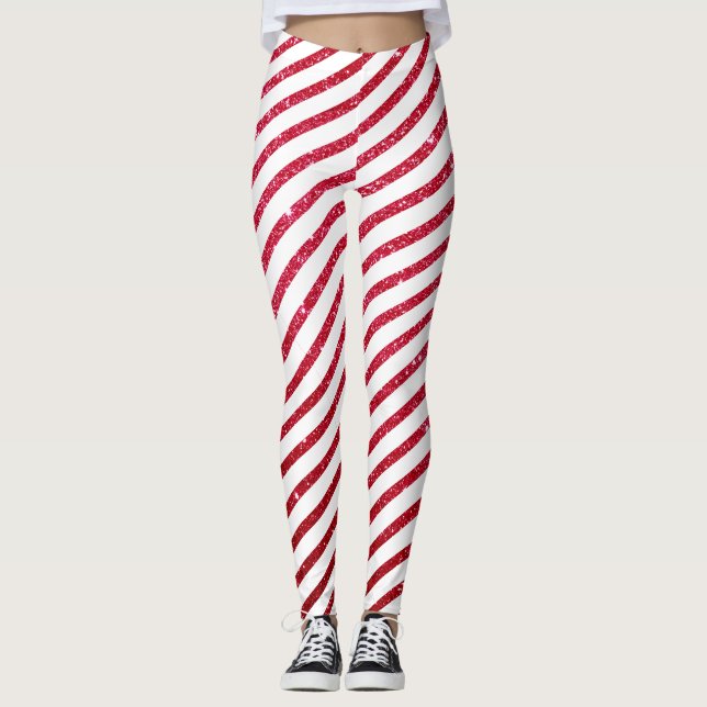 Jul Candy cane Glitter strimlad Helgdag Leggings (Framsida)