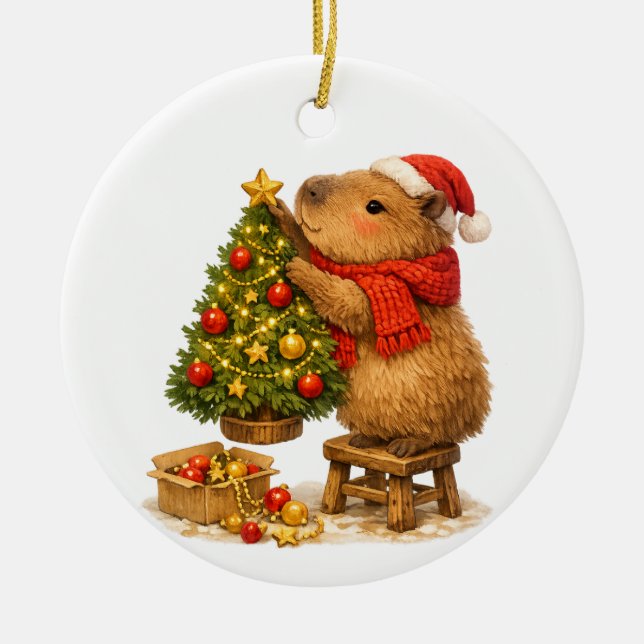 Jul Capybara Dekorerar Träd Julgransprydnad Keramik (Framsidan)