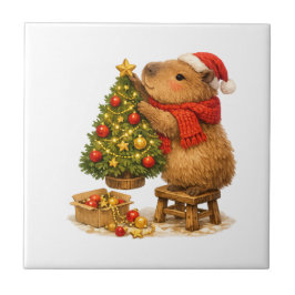 Jul Capybara Dekorerar Träd Kakelplatta