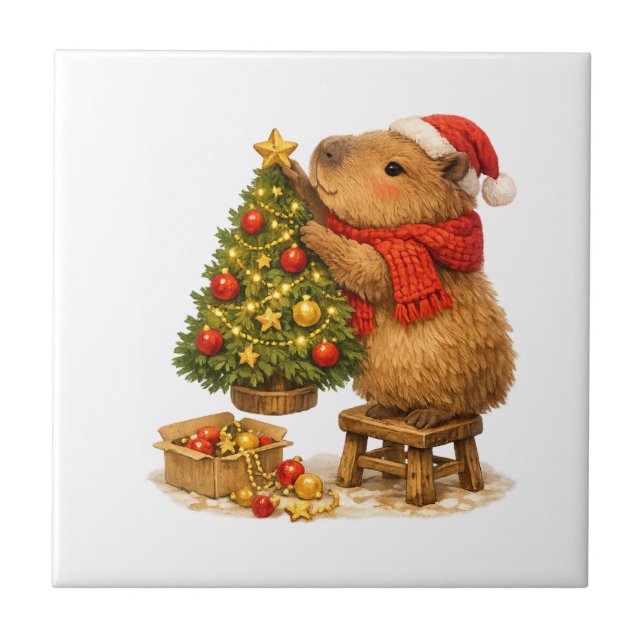 Jul Capybara Dekorerar Träd Kakelplatta (Framsidan)