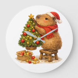 Jul Capybara Dekorerar Träd Stor Klocka