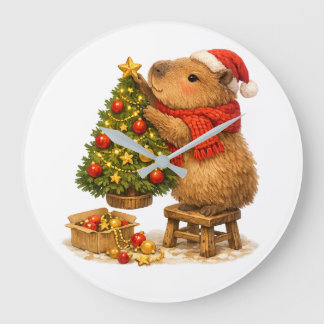 Jul Capybara Dekorerar Träd Stor Klocka