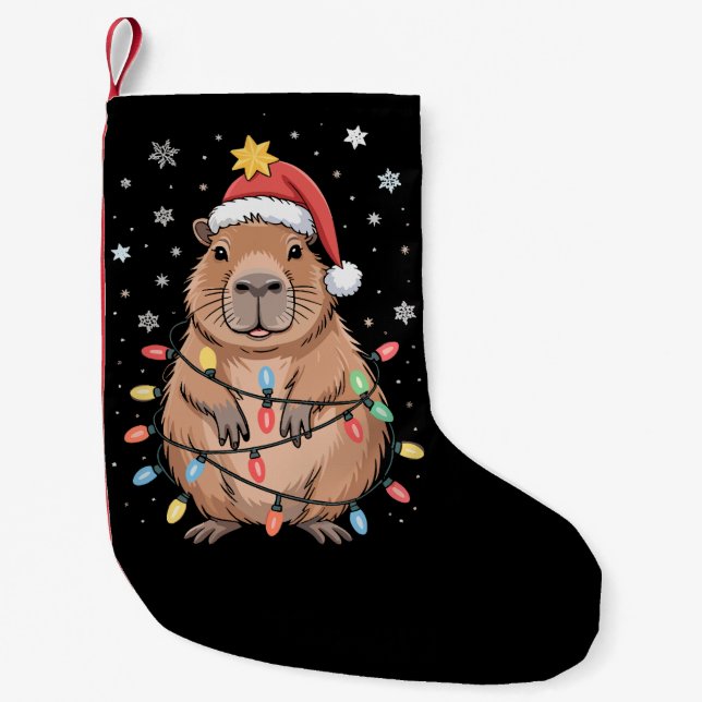Jul Capybara med Santa Hat Julafton Ljus Träd Liten Julstrumpa (Framsidan)