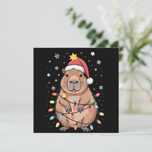 Jul Capybara Med Tomtehatt Julbelysning Träd Julkort (Stående Fram)