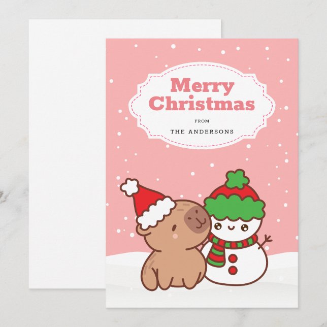 Jul Capybara och Snögubbe Cute Julkort (Fram/baksida)