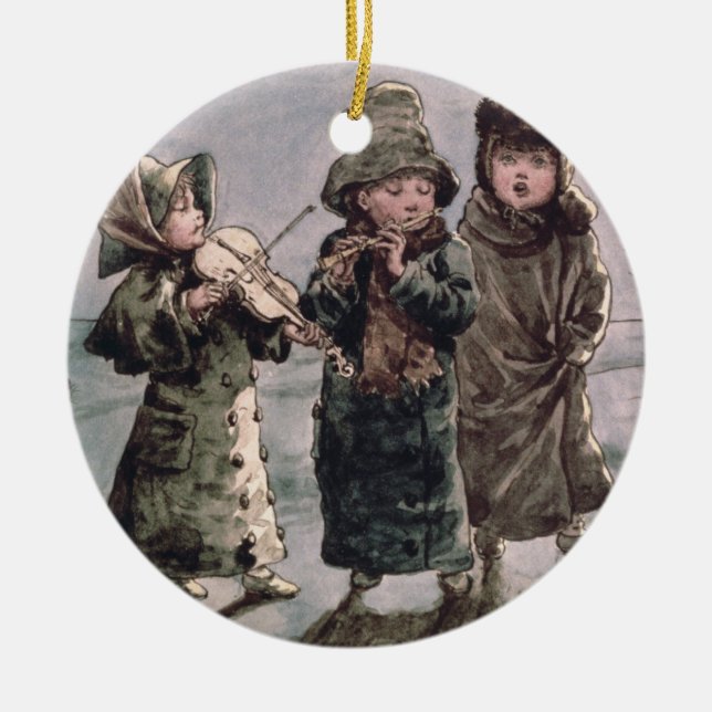 Jul Caroling (w/c på papper) Julgransprydnad Keramik (Framsidan)