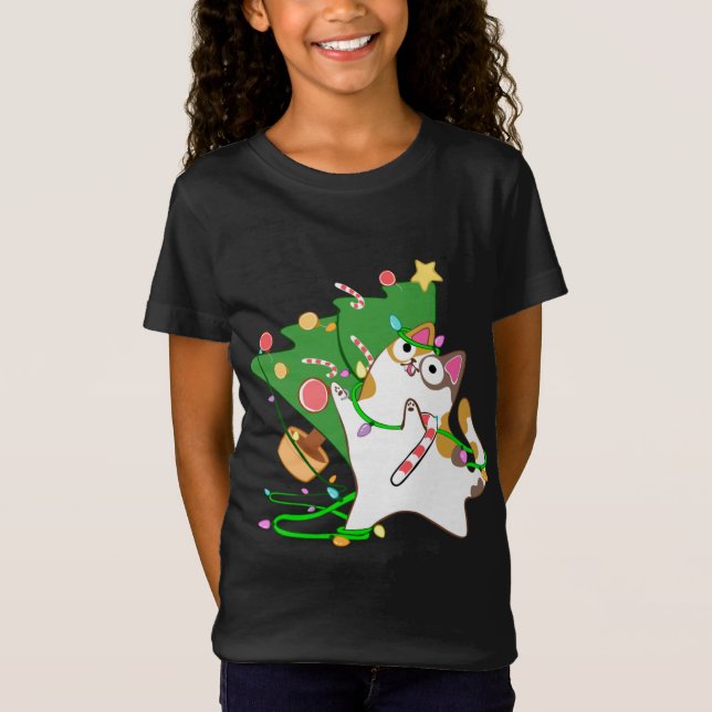 Jul Cat Calico slår över julafton träd kattunge cu T Shirt (Framsida)
