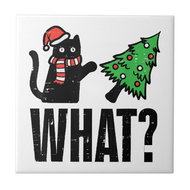 Jul Cat Tipping Julafton Träd Funny Kakelplatta (Framsidan)