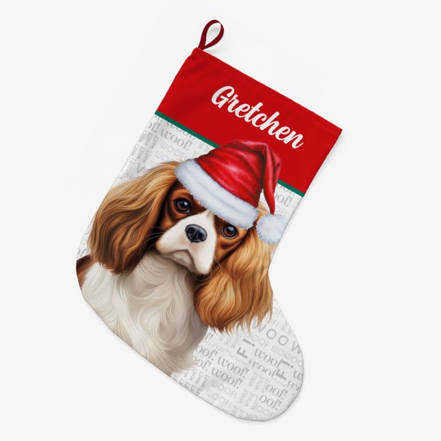 Jul Cavalier Hund med Namn Woof Background Stor Julstrumpa (Framsidan (Hängande))
