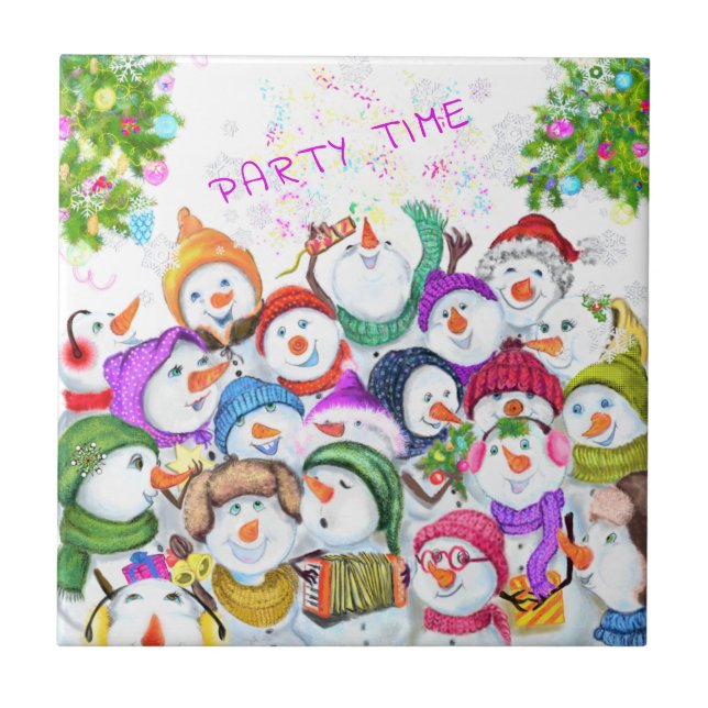 jul Ceramic Tile Gift Lycklig Snowmans Party Kakelplatta (Framsidan)