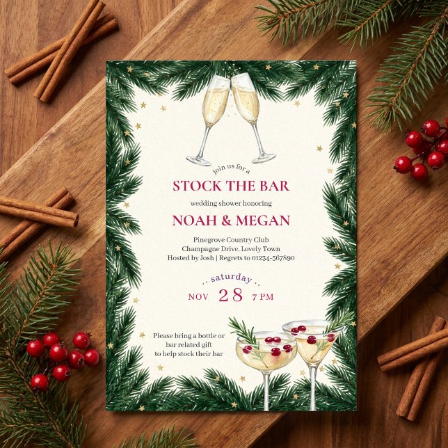 Jul Champus Stock Bar Par Shower Inbjudningar (Winter stock the bar couples shower invitation with pine and champagne by Darling & May)