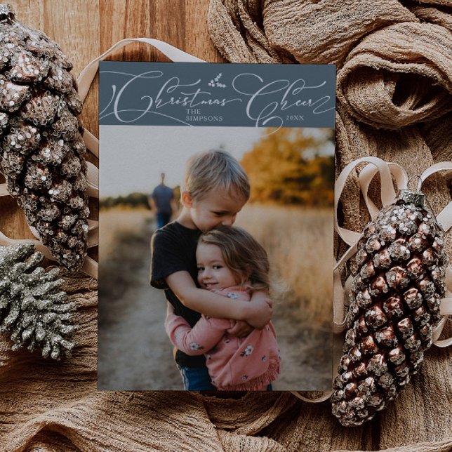 Jul Cheer Script Slate Blue Julfoto Julkort (Skapare uppladdad)