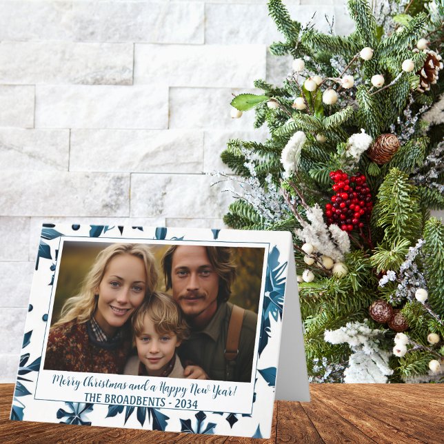 Jul Chic Blå Snöflinga Högtid Foto Faltad Helgkort (Folded Vintage Blue Snowflake Christmas Photo  Card)