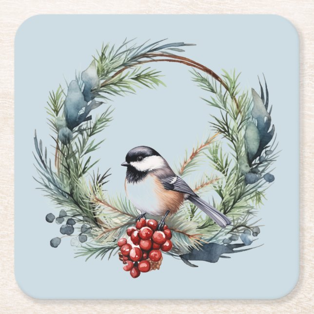 Jul Chickadee Bird in WAN Art Underlägg Papper Kvadrat (Framsidan)