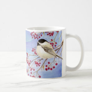 Jul Chickadee Cute Bird Red Berries Kaffemugg