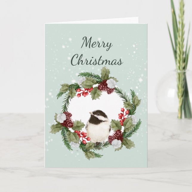 Jul Chickadee Fågel Vattenfärg Natur Konst  Kort (Framsida)