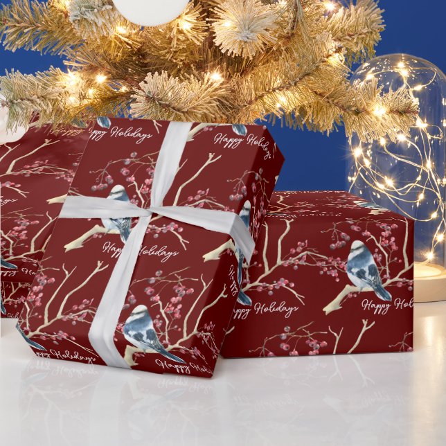 Jul Chickadee med Berries Presentpapper (Helgdagar)