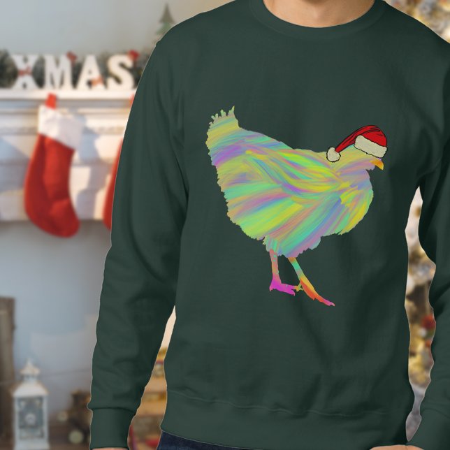 Jul Chicken Funny Psychedelic Hen Humor Lång Ärmad Tröja (Funny christmas chicken colorful Santa hen sweatshirt For farm poultry lovers)