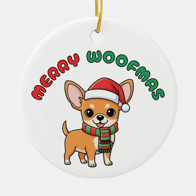 Jul Chihuahua Ornament: Merry Woofmas Julgransprydnad Keramik (Framsidan)