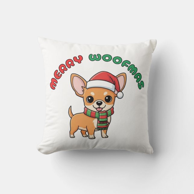 Jul Chihuahua Pillow: Merry Woofmas Kudde (Framsida)