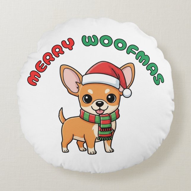 Jul Chihuahua Round Pillow: Merry Woofmas Rund Kudde (Framsidan)