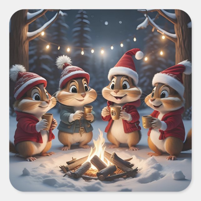Jul Chipmunks Stickers Fyrkantigt Klistermärke (Framsida)