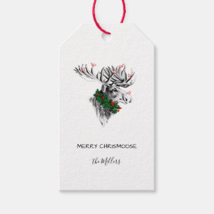 Jul Chrismoose Moose Birds and Holly Gift-Märkre Presentetikett