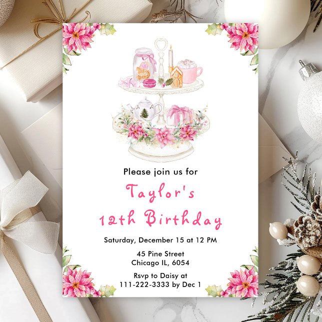 Jul Christmas Te Birthday Fest Rosa Inbjudningar (Skapare uppladdad)