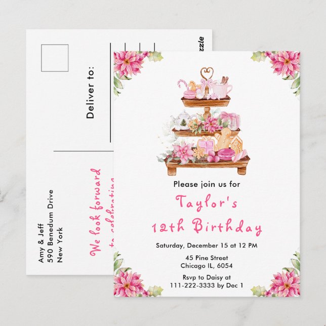 Jul Christmas Te Birthday Fest Rosa Vykort (Fram/baksida)