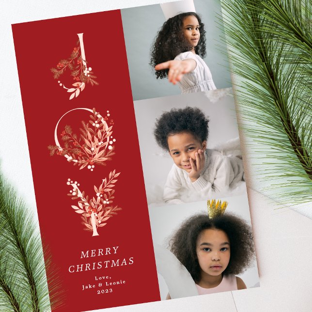 Jul Classic Red Leafy Bold JOY Collage Photo Julkort (Skapare uppladdad)