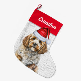Jul Cockapoo Santa med Hund Namn Stor Julstrumpa