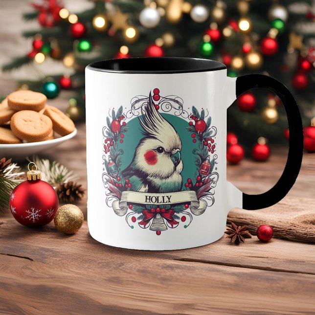 Jul Cockatiel Vintage Illustration Bird Namn Mugg (Personalized Christmas Cockatiel coffee mug with pet bird's name and festive wreath in vintage style)